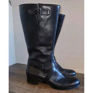 ECCO Womens 7.5 Black Leather Tall Riding Boots Buckle Zip Low Heel
